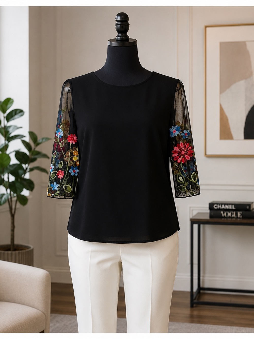 Embroidered Floral Mesh Sleeve Black Top